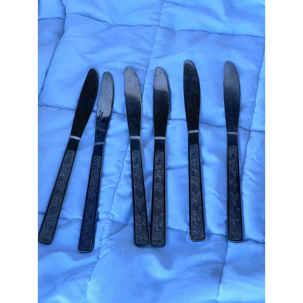 Vintage Unisex Unbranded Floral Embossed Stainless Steel Dinner Knives 7pc Silvr